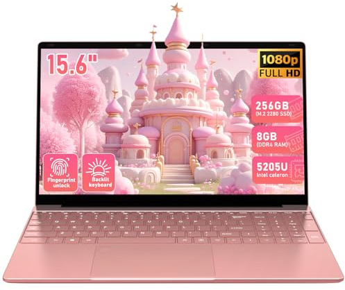 Trygood Student Laptop 15.6 Inch, Lightweight Notebook with 8GB RAM 256GB SSD, FHD IPS Display, Backlit Keyboard & Fingerprint Login, Rose Gold Portable Computer for School & Daily Use