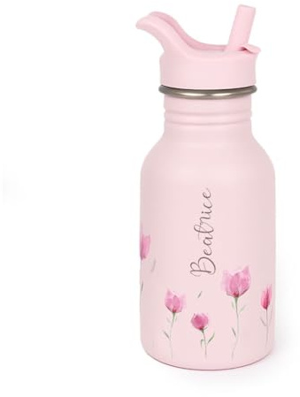 J.Børn Personalised Bottle With Straw For Kids 350ML | Hand-Painted Designs | Single-Skinned, Food-Grade Stainless Steel Water Bottle | Children Flask For School (Lilac Bloom)