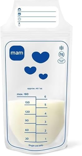 MAM Milk Bag – Sacchetti Latte Materno 25 pezzi, Bustine latte materno monouso congelabili, facili da riempire e con zip doppia a prova di perdita, Accessori neonato compatibili con Tiralatte MAM