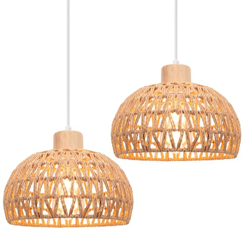 iDEGU 2 Stück Hängelampen Retro Ø25cm Hängeleuchte aus Rattan und Holz Bohème-Stil Geflochten Deckenleuchte E27 Vintage Pendelleuchte für Schlafzimmer Esszimmer Küche Restaurant (Braun Rattan)