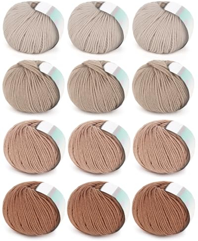 Coopay 12 x 50g Pelotes de Laine à Tricoter Mérinos, 98% Mérinos & 2% Coton, Qualité Supérieure, Laine à Crocheter Ultra Douce pour Pull, Écharpe, Couverture, Châle, Layette, Chaussettes - Kaki