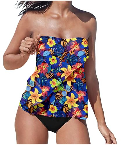 2 Piece Women Bandeau Swimsuit Vintage Tankini Sets Ladies Swimwear Tummy Control Swimming Costumes Off Shoulder Bathing Suit Sexy Beachwear