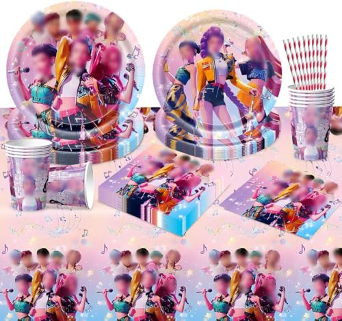 61 Pezzi Dem-0n Decorazioni Compleanno, Stoviglie per Feste di Compleanno, Kit Decorazioni per Feste a Tema Bambini con Piatti Tazze Fazzoletti Tovaglie Cannucce (10 Ospiti)