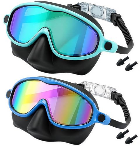 2 Pack Kids Swim Goggles Mask with Nose Cover for Boys Girls Toddlers, 3-14 | Upgraded Electroplated Lenses, 180° View, No-leak, Anti Shattered Lens, Anti-UV, Anti-Fog, Snorkel Mask for Pool, Beach