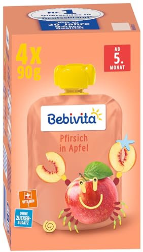 Bebivita Baby Quetschbeutel Pfirsich in Apfel, 4er Pack ( 4 x 4 x 90 g )