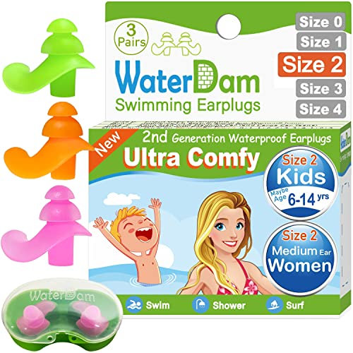 WaterDam Ohrstöpsel für Kinder zum Schwimmen – 3 Paar weiche Silikon-Ohrstöpsel Wiederverwendbar, tolle Wasserdicht!!! Verhindern Sie Schwimmerohren (grün, orange, pink)