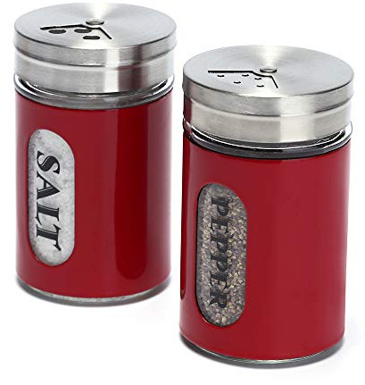 Salt and Pepper Shakers Stainless Steel and Glass Set with Adjustable Pour Holes (Red)