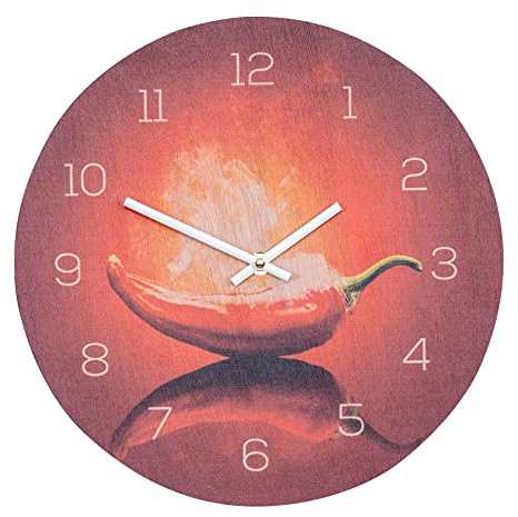 Väggklocka trä 30 x 30 cm rund träklocka björkträ träbild kök kryddor het chili peperoni dekoration köksklocka