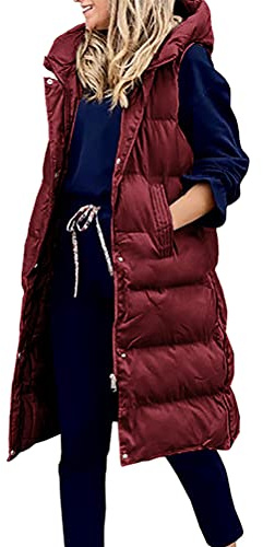 ORANDESIGNE Veste Sans Manche Femme Legere Chic Doudoune Longue Hiver Manteau Matelassé Gilet Duvet Parka Blouson Chaud Duveteux Maxi Jacket avec Capuche B Bordeaux L