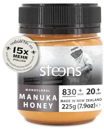 Steens Miel de Manuka - MGO 830+ - 100% certifié Miel Manuka cru pur UMF 20+ - Mis en pot et scellé en Nouvelle-Zélande - Manuka Honey 225 g