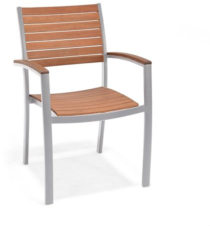 METRO Professional Gartenstuhl mit Armlehne Lynx, Aluminium/Eukalyptusholz, 58 x 60 x 88 cm, Stapelbar, Wetterfest, 150 kg Tragkraft, Natur/Grau