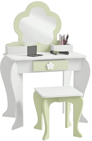 ZONEKIZ Set Toeletta con Specchiera Trucco per Bambina con Sgabello Abbinato, Tavolo Toeletta in Legno con Cassetto e Contenitori, Specchio a Fiore, Bianco