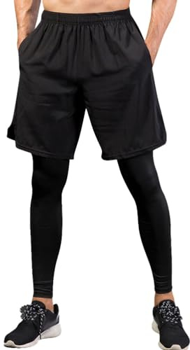 seiveini Pantalons de Compression pour Hommes 2 en 1 Legging de Survêtement à Séchage Rapide Collants Legging de Course à Pied avec Poches Fitness Gym Workout Outfits A Noir M