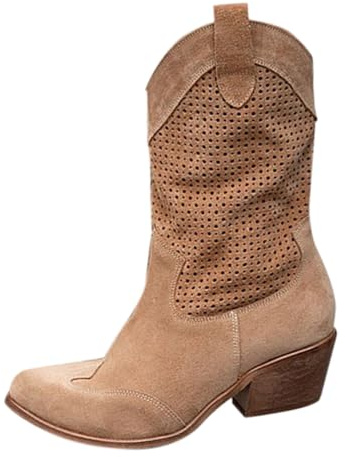 Stivaletti da donna con tacco, da cowboy, stile vintage, in pelle scamosciata, da equitazione, da donna, con gambo corto, taglia 37-42, marrone, 39