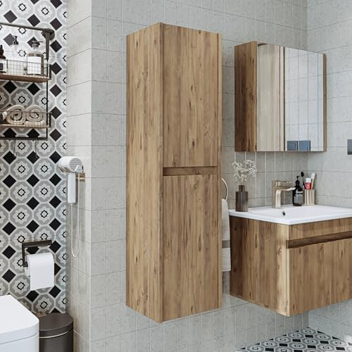 ROOMART • Juego de Muebles de Baño Atlantic • Set de 4 Piezas • Armario Bajo de 100 cm Con Lavabo de Cerámica • Armario Con Espejo • Mueble Alto (Roble)