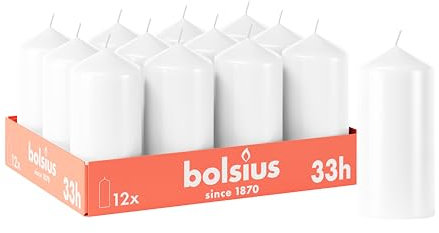 Bolsius - Lot de 12 bougies piliers lisses - Blanches - 12 x 6 cm - Décoratives - Durée de combustion de 33 heures - Non parfumées - Contient de la cire végétale naturelle - Sans huile de palme