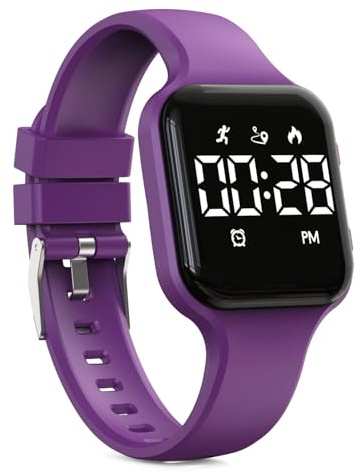 Focwony Kinder-Digitaluhr, Schrittzähler, wasserdicht, Fitness-Tracker, Armbanduhr mit Schrittzähler, LED-Display, Stoppuhr für Kinder, Jungen, Mädchen, Teenager, Violett (Grape Purple),