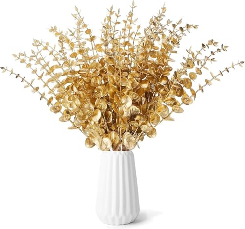 GIUSOBG 24 Pièces Eucalyptus Artificiel Doré 38CM Artificiel Feuille Eucalyptus Découpe Flexible Convient pour Les Mariages la Décoration Intérieure et la Décoration de Table en Magasin