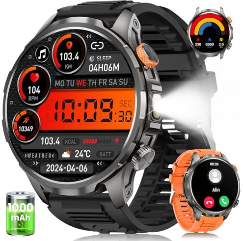 Smartwatch Herren mit 1000mAh Akku/LED Taschenlampen/1.91 AMOLED, 5ATM Wasserdicht Militär Fitness Tracker mit Telefonfunktion, 113 Sportmodi Sportuhr/24/7 Herzfrequenz/Schlafmonitor/SpO2/iOS Android