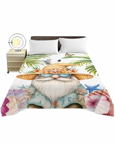 Queen Size Top Sheet Only, Dwarf Summer Beach Palm Flat Sheet Microfiber Breathable Soft Bed Sheet, Nautical Shell Starfish Hotel Bedding Flat Sheets for Bedroom
