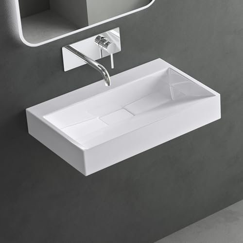 Mai & Mai Waschbecken Weiß Aufsatzwaschbecken Hängewaschtisch inkl. Ablaufgarnitur Mineralguss Rechteckig Waschplatz ohne Armaturenloch Breite: 60cm