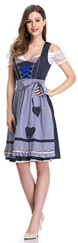 Garvee Women's 3 Piece German Traditional Dirndl Dress Oktoberfest Outfit Bavarian Costumes for Bavarian Beer Carnival Oktoberfest Party, 3 Pieces Fancy Midi Skirt - Dress, Blouse, Apron(Blue, 34)
