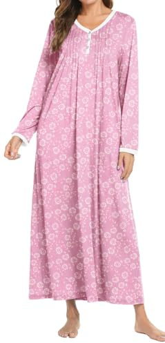 Ekouaer Women's Long Nightdress Sleepshirt Nightshirt Button Down Nightgown Long Women's Nightdress T-shirt Winter Sleepshirts Large Sizes,Pink Print,XXL