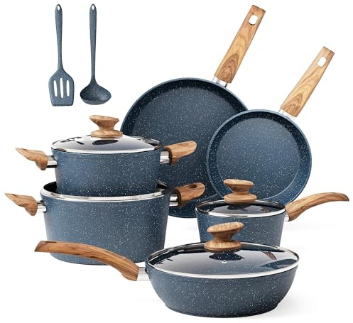 DishDelight 12pcs Induction Hob Pots and Pans Sets Non Stick Granite Kitchen Cookware Set Cooking Pot Saucepan Set with Lids Circulon Frying Pan(Blue)