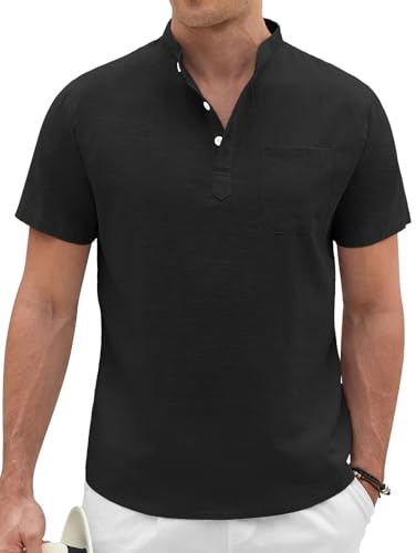 Voqeen Camisa Lino Hombre Henley Camisas Manga Corta Casuales para Verano Sin Cuello Abotonadas Tshirt Camisetas De Playa con Bolsillo