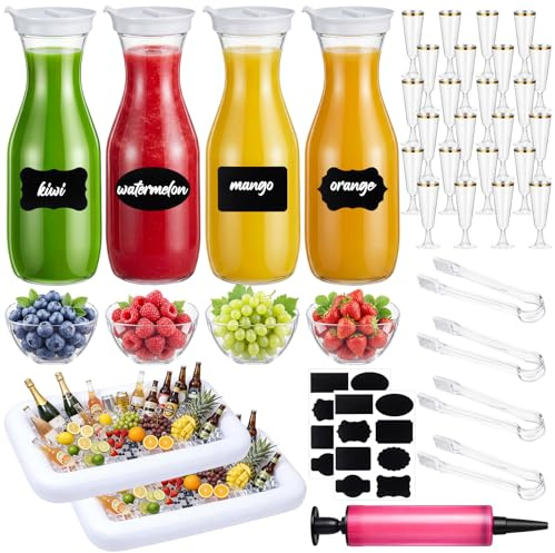 Suttmin 41 Pcs Mimosa Bar Supplies Includes 1 Liter Plastic Carafe with Lid Champagne Flutes Plastic Clear Tongs Serving Bowls Stickers Large Inflatable Coolers for BBQ Picnic Pool Party Supplies