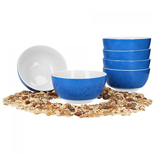 van Well Vario frukostskål-set 6 delar – skålservice för 6 personer – djup soppskål 14 cm – porslinsset inuti vitt och blått – salladsskål mikrovågsugn säker