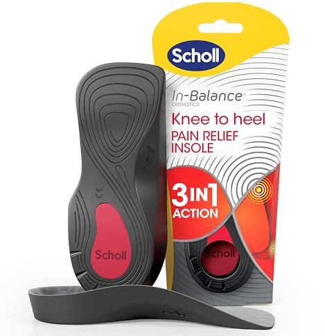 Scholl In-Balance Orthotics Knee to Heel Insoles, 3-in-1 Insoles for Knee and Heel Pain Relief - Deep Heel Cup and Arch Support - Size Large, UK 9-11, 1 Pair