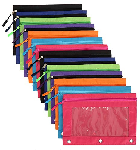 Yopay 14 Pack Binder Pencil Pouch for 3 Ring Binder, B5 Size Zipper Pulls Pencil Bags Case, Cosmetic Bags with Clear Window for School, Office, Oxford Cloth, 7 Colors