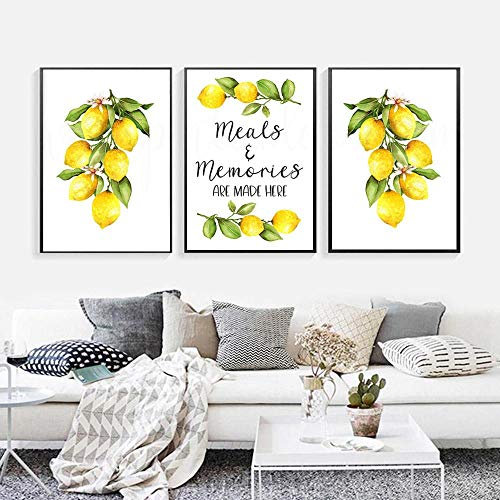 CPGG Bilder-Kunstdrucke Küche Zitrone Poster und Drucke Dekoration Leinwand Wandbilder Mahlzeiten und Erinnerungen werden hier gemacht Kunstmalerei Geschenk-Dekoration-40x60cmx3 ungerahmt