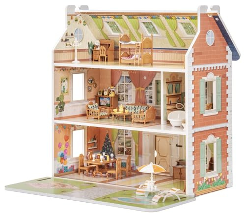 ROBUD Wooden Dollhouse for Kids Girls, Pretend Play Toy Gift for 3 4 5 6 Years Old Girls Boys