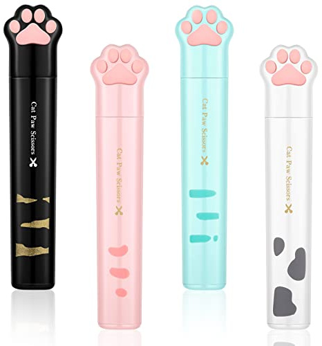 Demissle 4 Pcs Cute Scissors, Mini Cat Paw Scissors, Stainless Steel Fun Cartoon Scissors Portable Pocket Scissors Small Folding Safety Scissors for Paper Cutting, Scrapbooking, Crafting