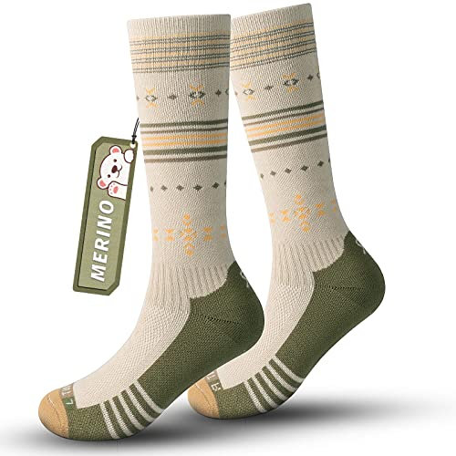 Skisocken Kinder Merinowolle Socken Jungen Mädchen, OTC Streifen Design Dick Gepolstert Knie Hoch Atmungsaktive Warme Compression Kinder Socken für Winter Outdoor-Sportarten 1Paar/2Paar