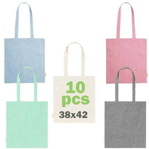 FOR ADVENTUR · Set aus 10 Einkaufstaschen aus recycelter Baumwolle (38 × 42 cm) · lange Henkel, wiederverwendbar, waschbar & nachhaltig für Alltag, Markt oder Events