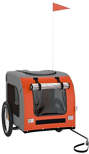 vidaXL Fahrradanhänger für Hunde, Hundeanhänger mit Reflektoren Flagge, Hundetransporter Maximale Belastbarkeit 45kg, Orange Grau Oxford-Gewebe Eisen