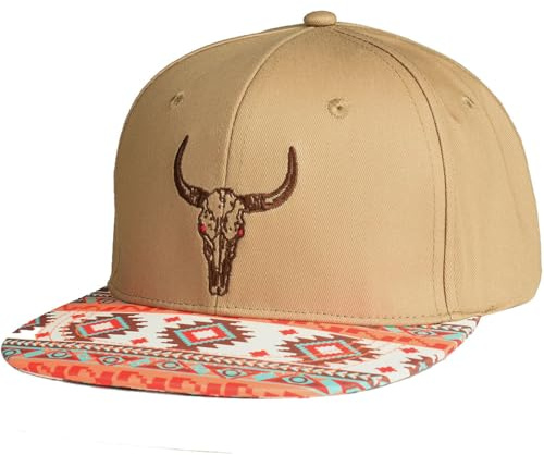 EDTREK Performance Outdoorsman Snapback Truck Hat with Flat Brim - Unique Animal Embroidery (Western Tan - Bull)