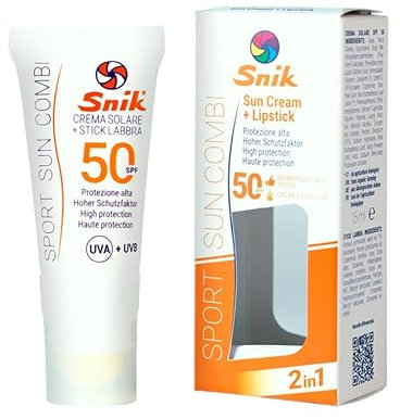 Snik SPORT SUN CREAM COMBI 2in1 | Crema Solare Viso + Lipstick Labbra | Montagna, Sci, Sport Invernali ed Estivi | Protegge da Sole, Vento e Freddo | SPF 50 Alta Protezione UVA + UVB | Tubetto 15 ml.