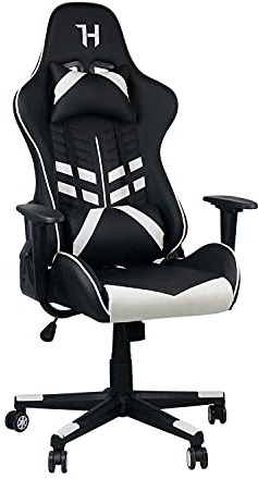 THINIA HOME - Silla Gaming Profesional Decode, Cuero Sintético, Setup, Despacho, Oficina, Ergonómica, Reclinable 90-180º, 2 Cojines Ajustables, Reposabrazos, 120Kg Máx, 73x68x136cm, Negro-Blanco/Gris