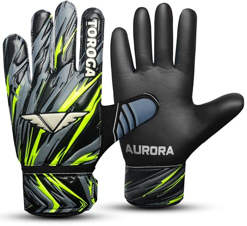 TOROGA Fotboll, målvaktshandskar, fotboll målvaktshandskar för barn pojkar barn ungdomar målvakt med 4 mm latex supergrepp finger ryggradsskydd halkskydd handflata (svart, 7, tvåhänt hands)