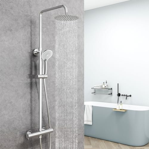AICA Colonna Doccia con Miscelatore Termostatico, Rubinetto Doccia 283x40mm, Soffione Doccia Tondo in Acciaio Inox da 20cm, Altezza Regolabile 735-1170mm, Set Doccia Completo Cromo