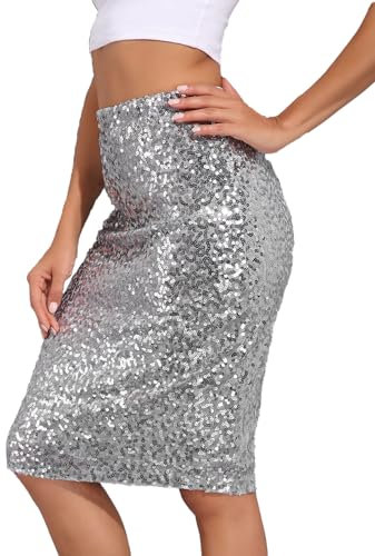 MUNAFIE Damen Glitzer Rock Pailletten Rock Sexy Party Rave Skirt Outfit Wickelrock Röcke für Damen Silber-L