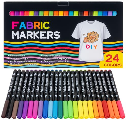 BLISSIQUEE 24 Textilstifte Waschmaschinenfest, Textilfarbe Waschmaschinenfest Permanent Stoffmalstifte Textilmarker für T-Shirts, Stoffbeutel zum Bemalen, Stoffbeutel, Schuhe, Basteln, Geschenk