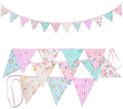 Guirnalda Banderines de Tela 3,2M, 12 Triángulos 17cm, Decoración de Fiesta para Cumpleaños, Boda, Jardín, Baby Shower o Interior