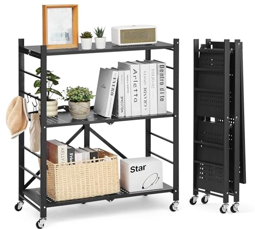VEVOR Estante de Almacenamiento Plegable de 3 Niveles con Ruedas 76 x 33 x 91 cm Estantería Metálica Móvil Resistente, sin Necesidad de Ensamblaje, Organizador para Garaje, Cocina, Sótano, Negro