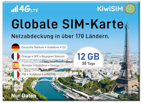 KiwiSim Prepaid SIM Karte - 4G LTE & Globale Nutzung in 170 Ländern/Regionen | Kompatibel mit Telefónica, O₂, Vodafone | Für Smartphones, Hotspots u.a. Geräten (12GB30Tage)