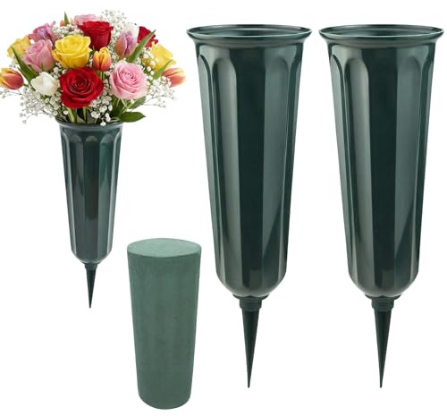 2 vasi per tombe con punte, vasi commemorativi per tombe, con schiuma floreale verde, in plastica resistente, ornamenti per cimitero, vasi per fiori freschi o artificiali, per lapidi